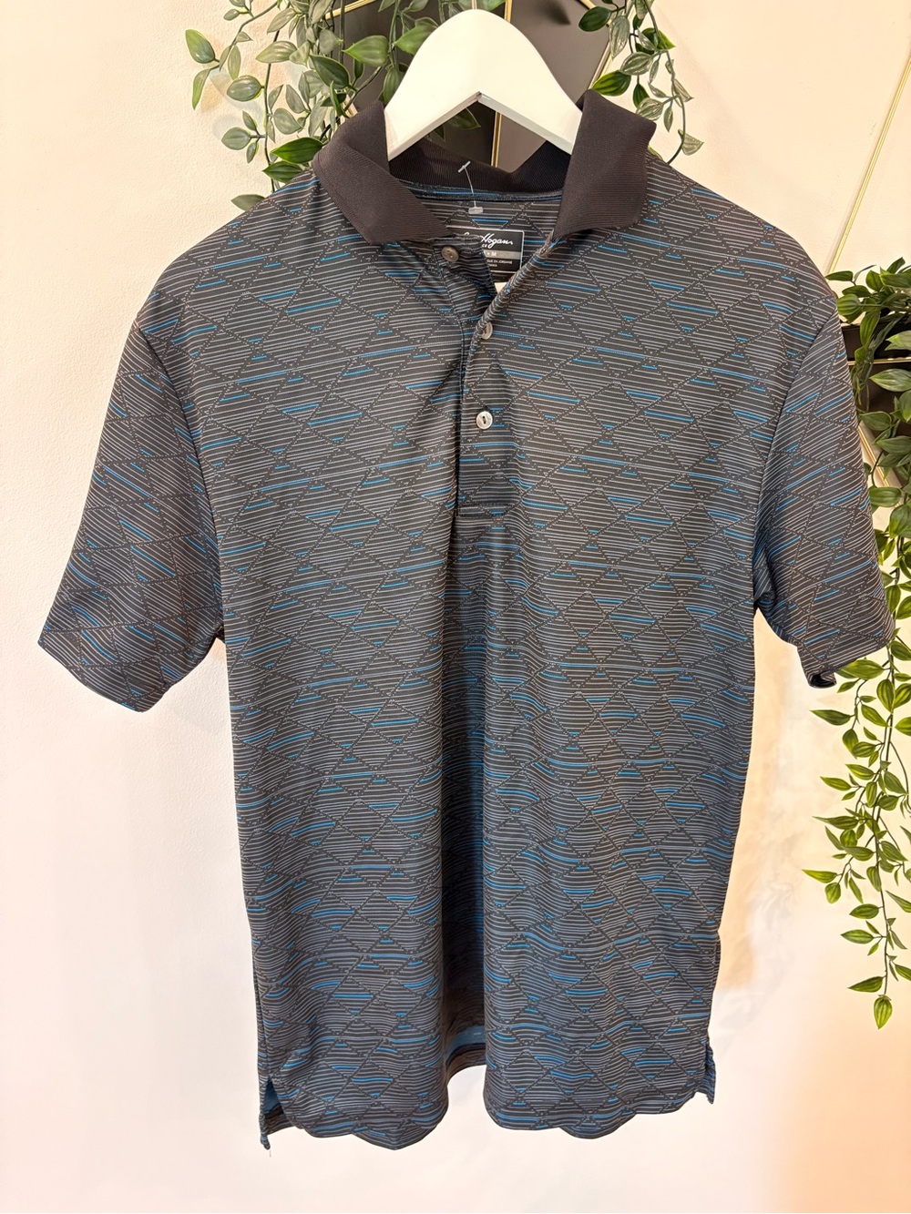 Hogan Men's Black Polo with Blue Geometric Pattern